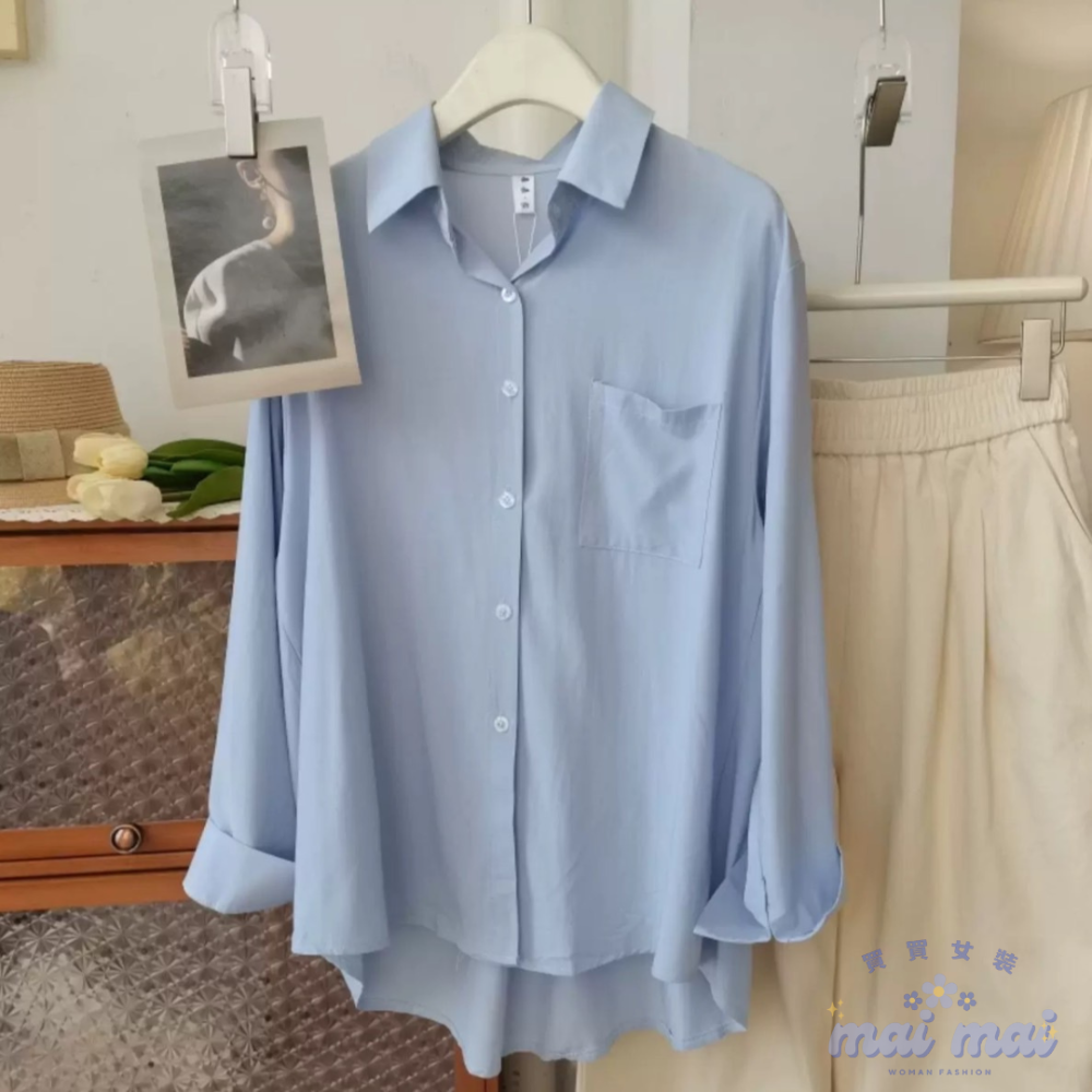 【買買女裝】台灣現貨 素色OVERSIZE落肩襯衫 外套 罩衫 長版襯衫 長袖襯衫 薄外套 寬鬆上衣【S006#】-規格圖4