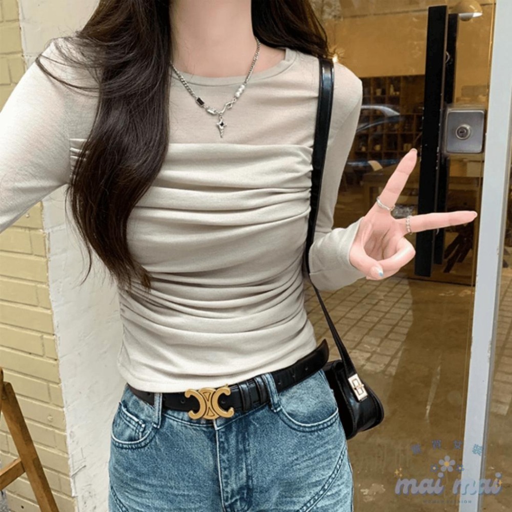 【買買女裝】台灣現貨🚚 網紗上衣 百搭素色上衣 皺摺長袖上衣 素色上衣 修身顯瘦上衣 秋冬上衣【W0826#】-細節圖3