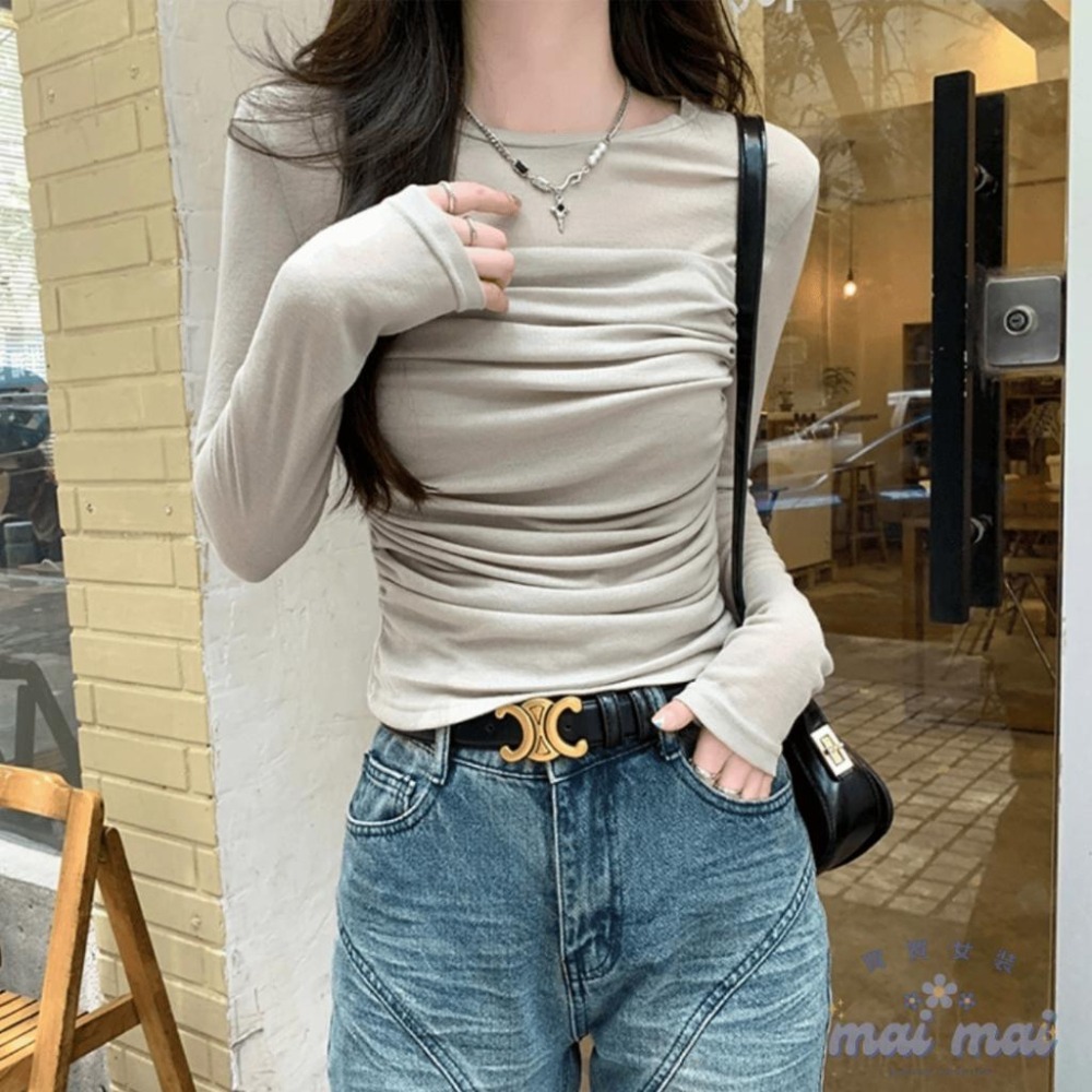 【買買女裝】台灣現貨🚚 網紗上衣 百搭素色上衣 皺摺長袖上衣 素色上衣 修身顯瘦上衣 秋冬上衣【W0826#】-細節圖4