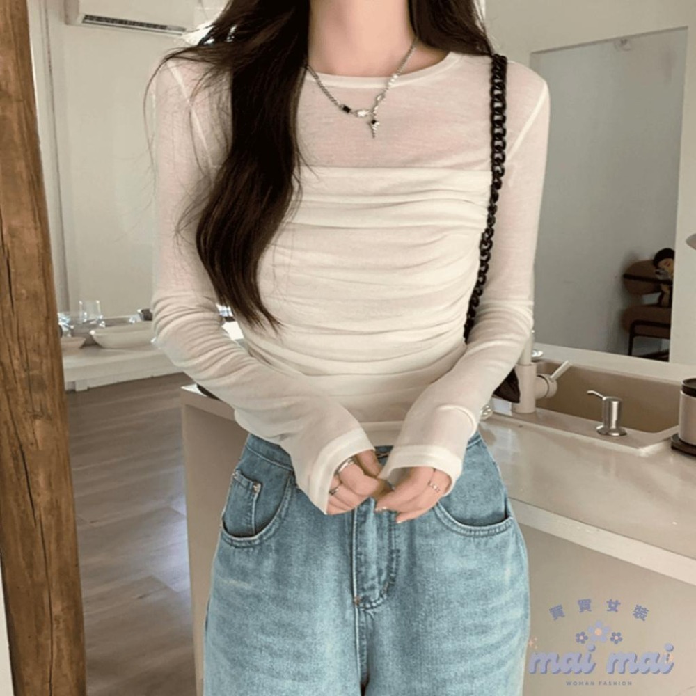 【買買女裝】台灣現貨🚚 網紗上衣 百搭素色上衣 皺摺長袖上衣 素色上衣 修身顯瘦上衣 秋冬上衣【W0826#】-細節圖5