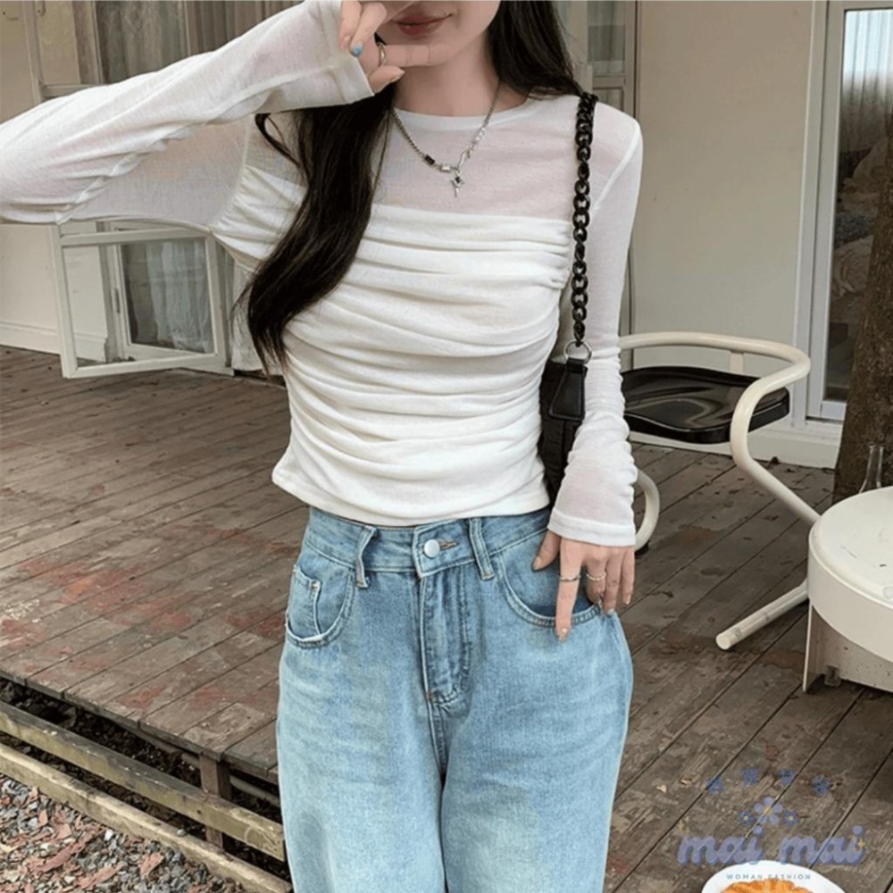 【買買女裝】台灣現貨🚚 網紗上衣 百搭素色上衣 皺摺長袖上衣 素色上衣 修身顯瘦上衣 秋冬上衣【W0826#】-細節圖6