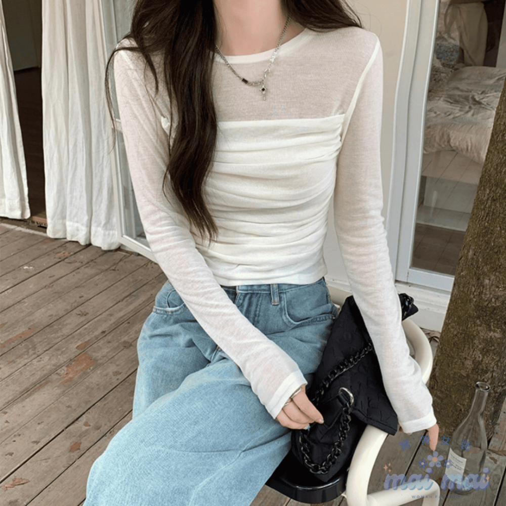 【買買女裝】台灣現貨🚚 網紗上衣 百搭素色上衣 皺摺長袖上衣 素色上衣 修身顯瘦上衣 秋冬上衣【W0826#】-規格圖7