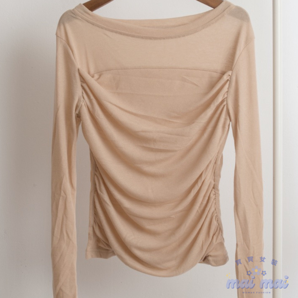 【買買女裝】台灣現貨🚚 網紗上衣 百搭素色上衣 皺摺長袖上衣 素色上衣 修身顯瘦上衣 秋冬上衣【W0826#】-規格圖7