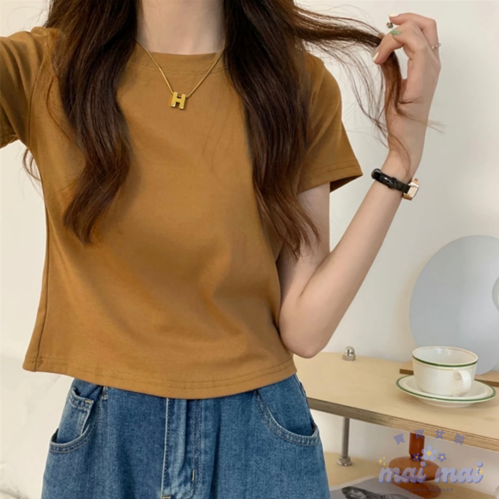 【買買女裝】台灣現貨 短袖上衣 短版上衣 素色短袖上衣 女裝t恤 短袖 T恤  多色短袖 基本款短袖 素T【ST010#-規格圖5