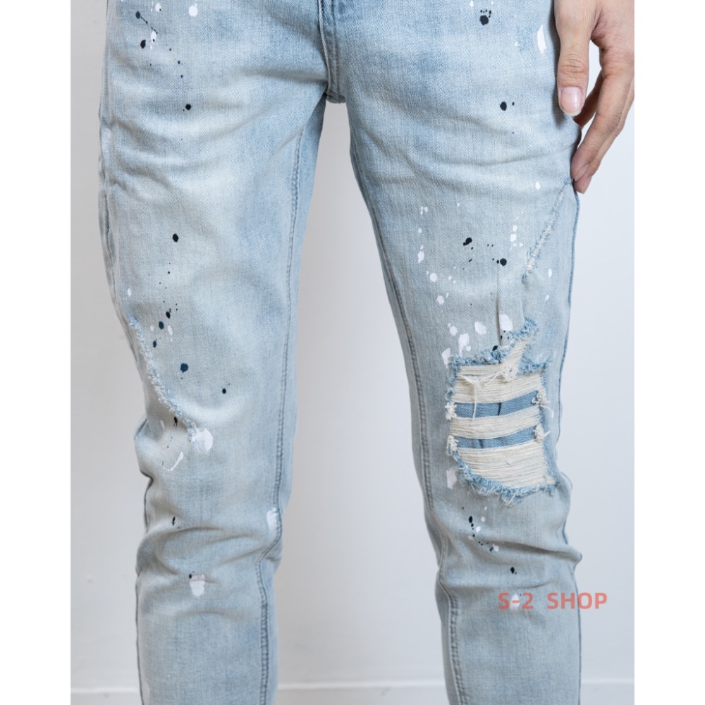 潑漆單膝蓋破壞補釘淺色牛仔褲 長褲 售完不補-細節圖2