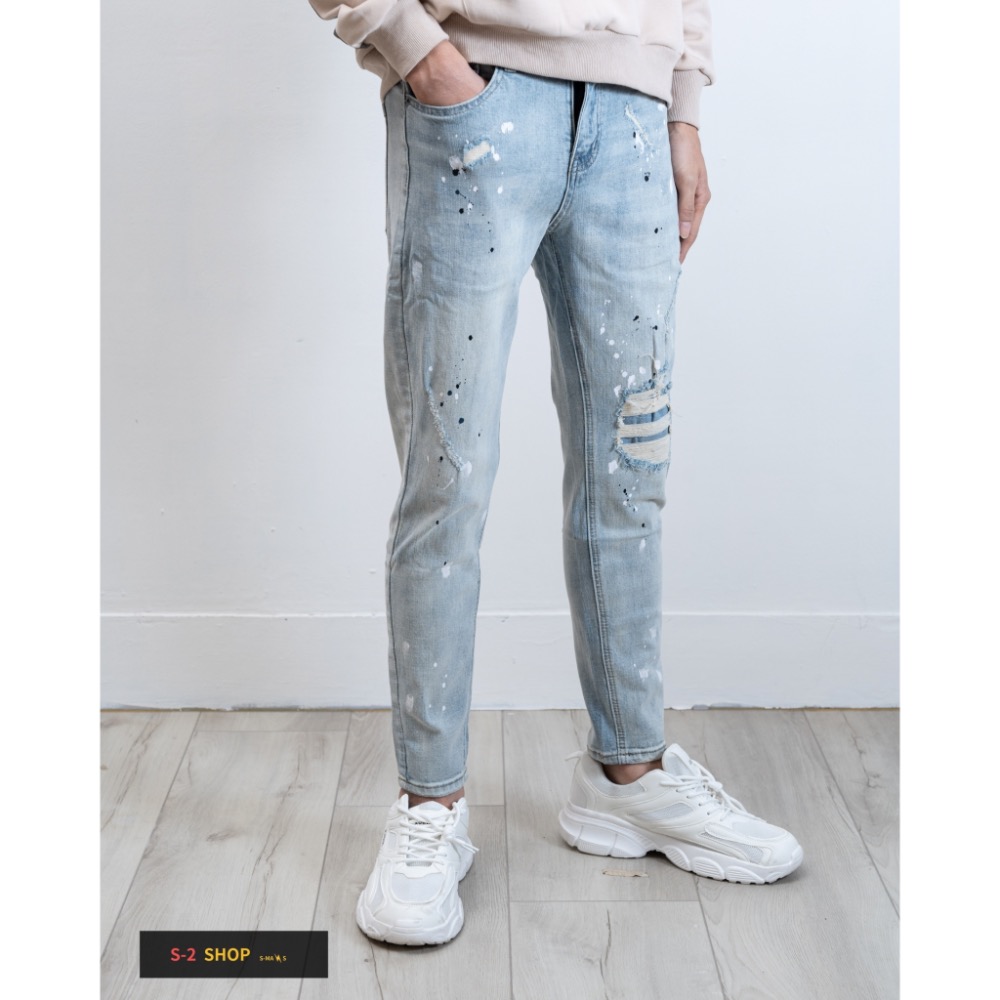 潑漆單膝蓋破壞補釘淺色牛仔褲 長褲 售完不補-細節圖3