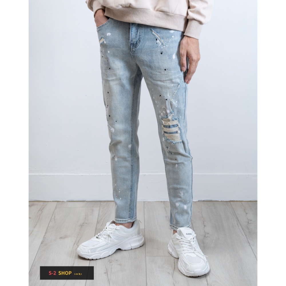 潑漆單膝蓋破壞補釘淺色牛仔褲 長褲 售完不補-細節圖4