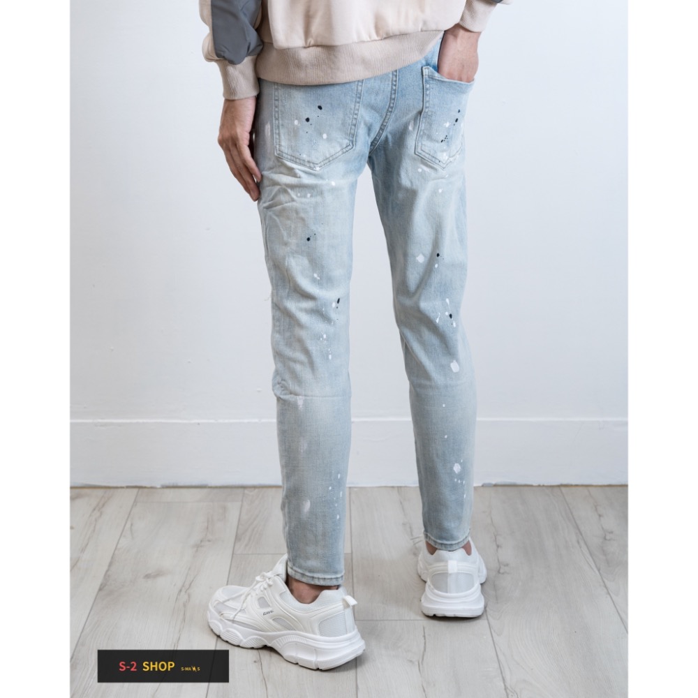 潑漆單膝蓋破壞補釘淺色牛仔褲 長褲 售完不補-細節圖5