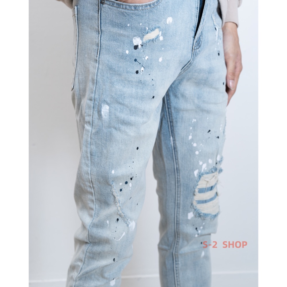 潑漆單膝蓋破壞補釘淺色牛仔褲 長褲 售完不補-細節圖7