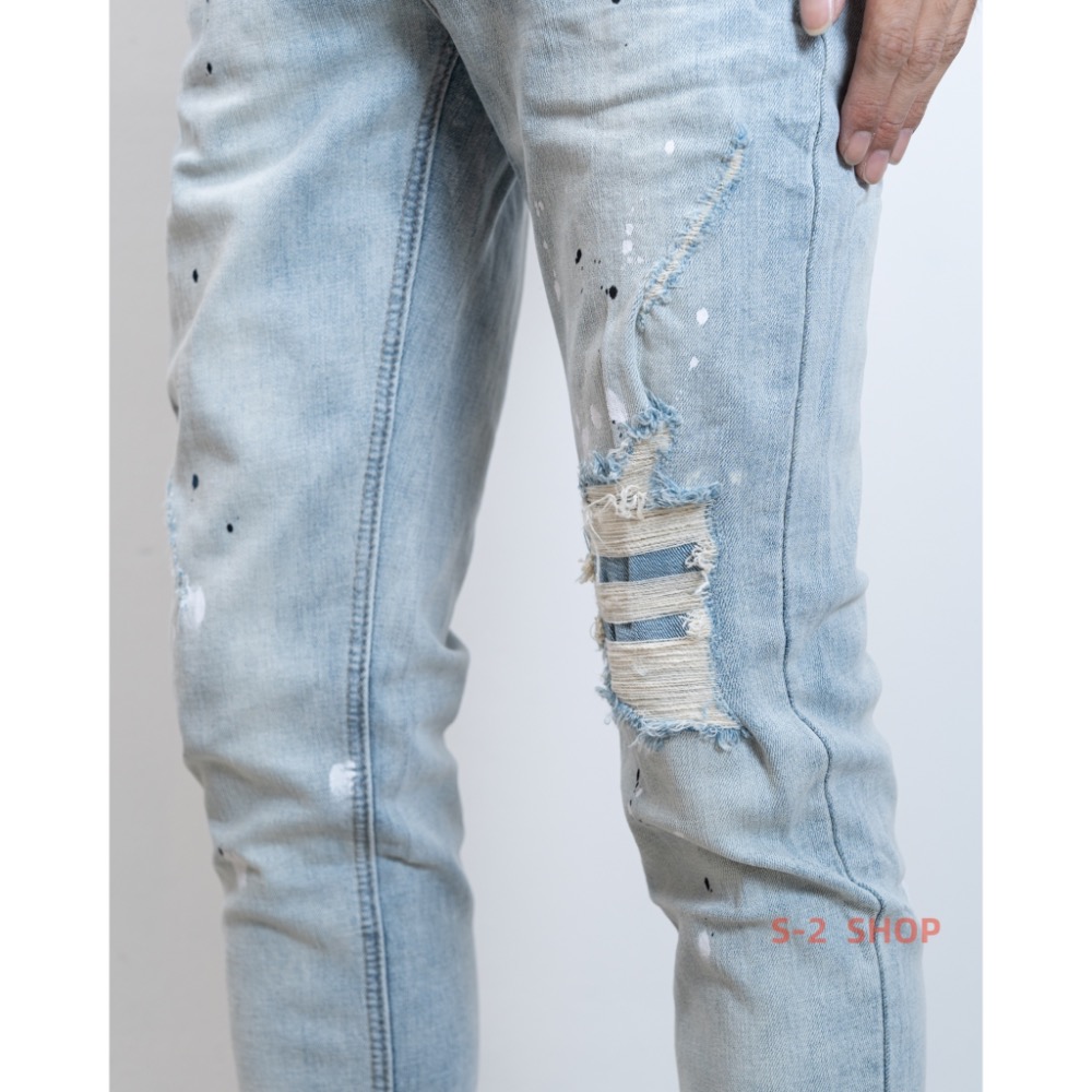潑漆單膝蓋破壞補釘淺色牛仔褲 長褲 售完不補-細節圖8