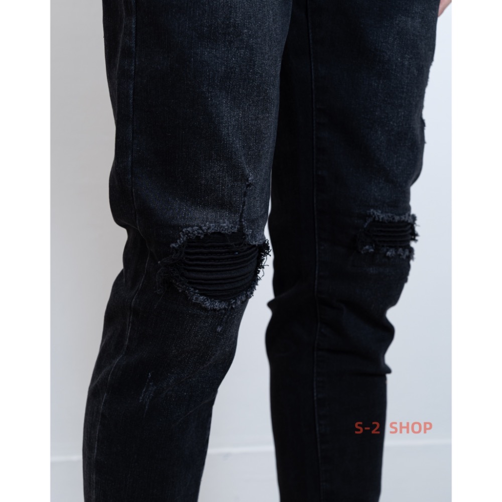 水洗黑褲 膝蓋立體補釘 彈力牛仔長褲-細節圖2