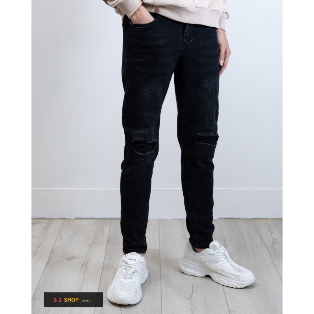 水洗黑褲 膝蓋立體補釘 彈力牛仔長褲-細節圖3