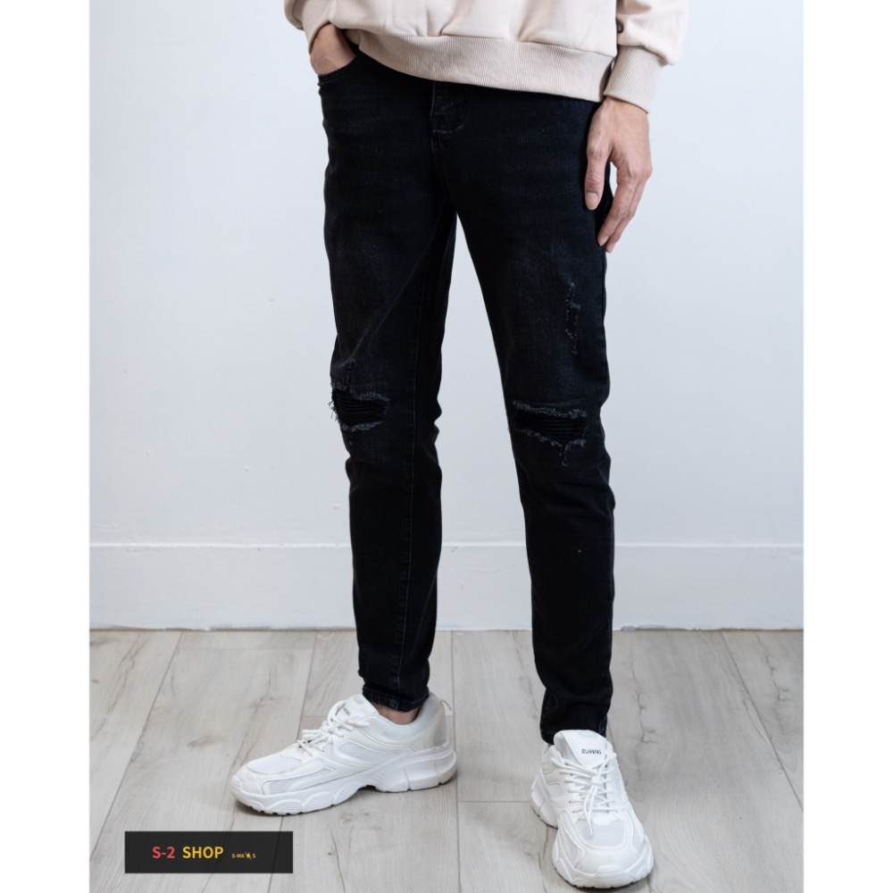 水洗黑褲 膝蓋立體補釘 彈力牛仔長褲-細節圖4