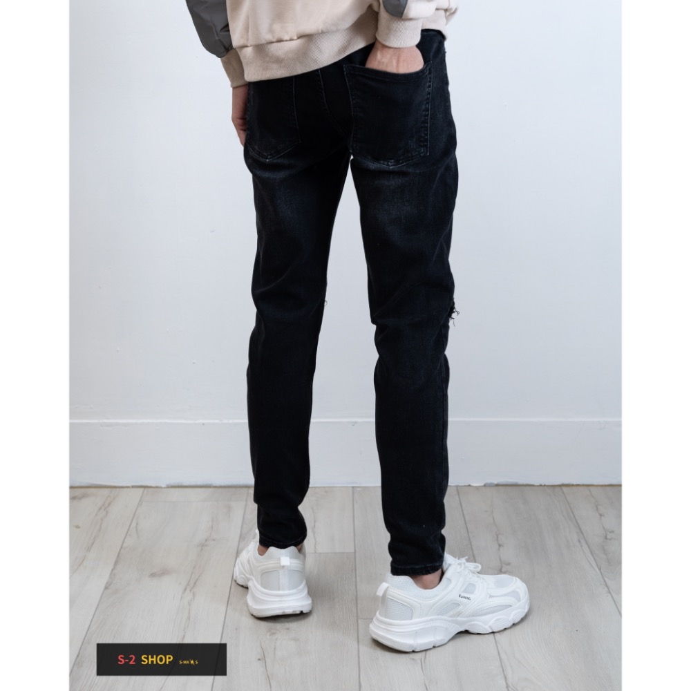 水洗黑褲 膝蓋立體補釘 彈力牛仔長褲-細節圖6