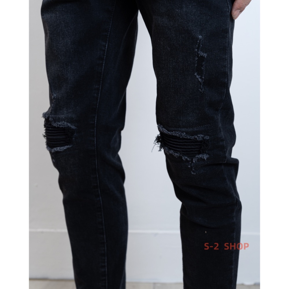 水洗黑褲 膝蓋立體補釘 彈力牛仔長褲-細節圖7