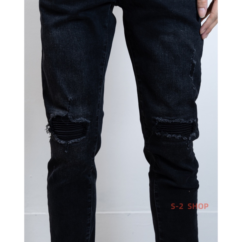 水洗黑褲 膝蓋立體補釘 彈力牛仔長褲-細節圖8