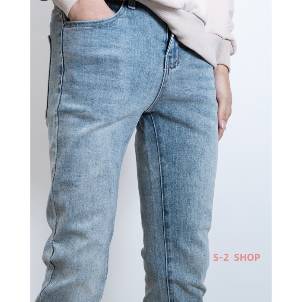 一定要有 必備淺藍刷白 素面基本款 牛仔彈力長褲-細節圖2