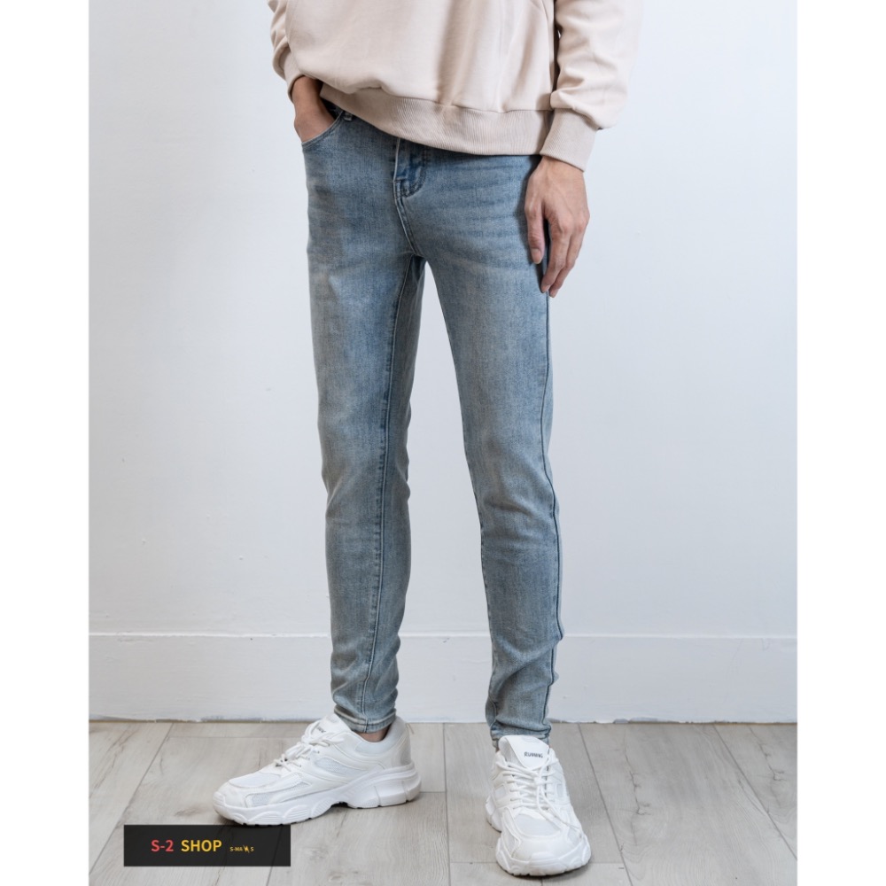 一定要有 必備淺藍刷白 素面基本款 牛仔彈力長褲-細節圖4