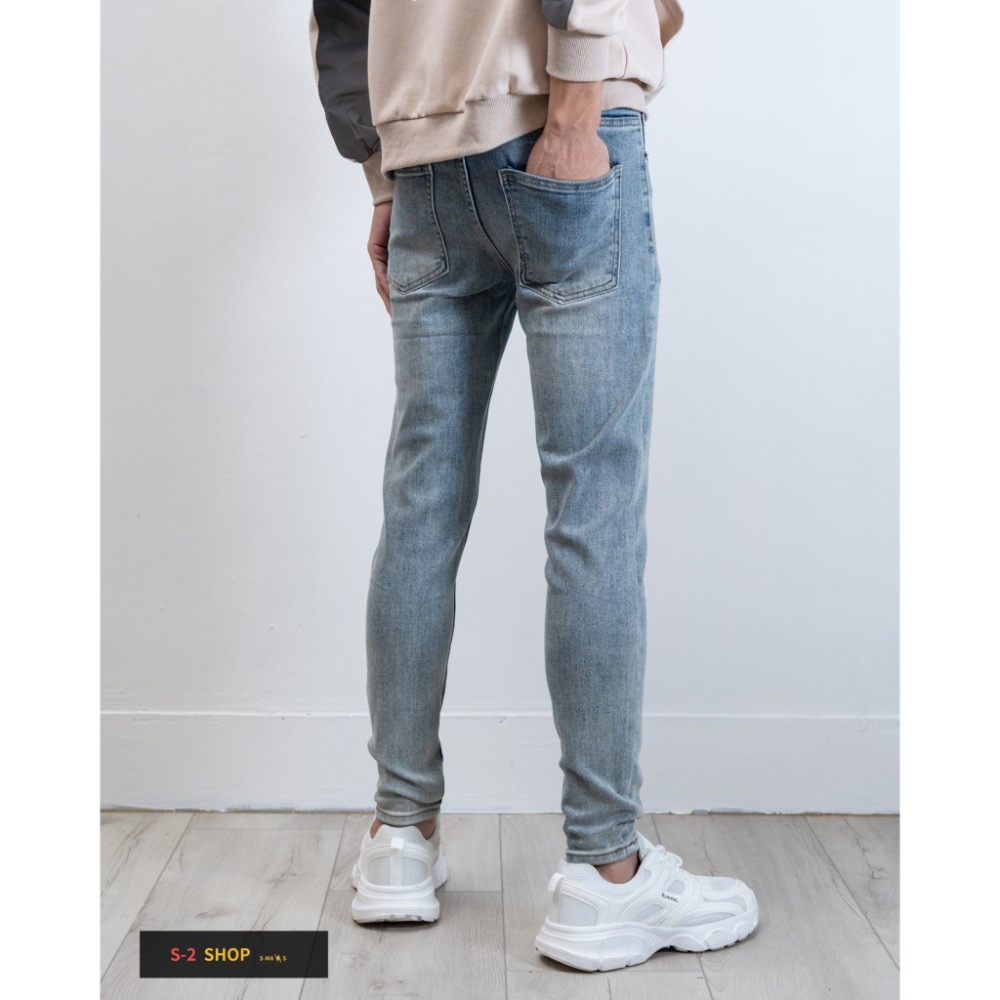 一定要有 必備淺藍刷白 素面基本款 牛仔彈力長褲-細節圖5