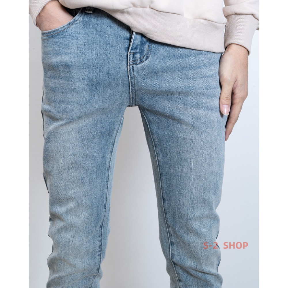 一定要有 必備淺藍刷白 素面基本款 牛仔彈力長褲-細節圖6
