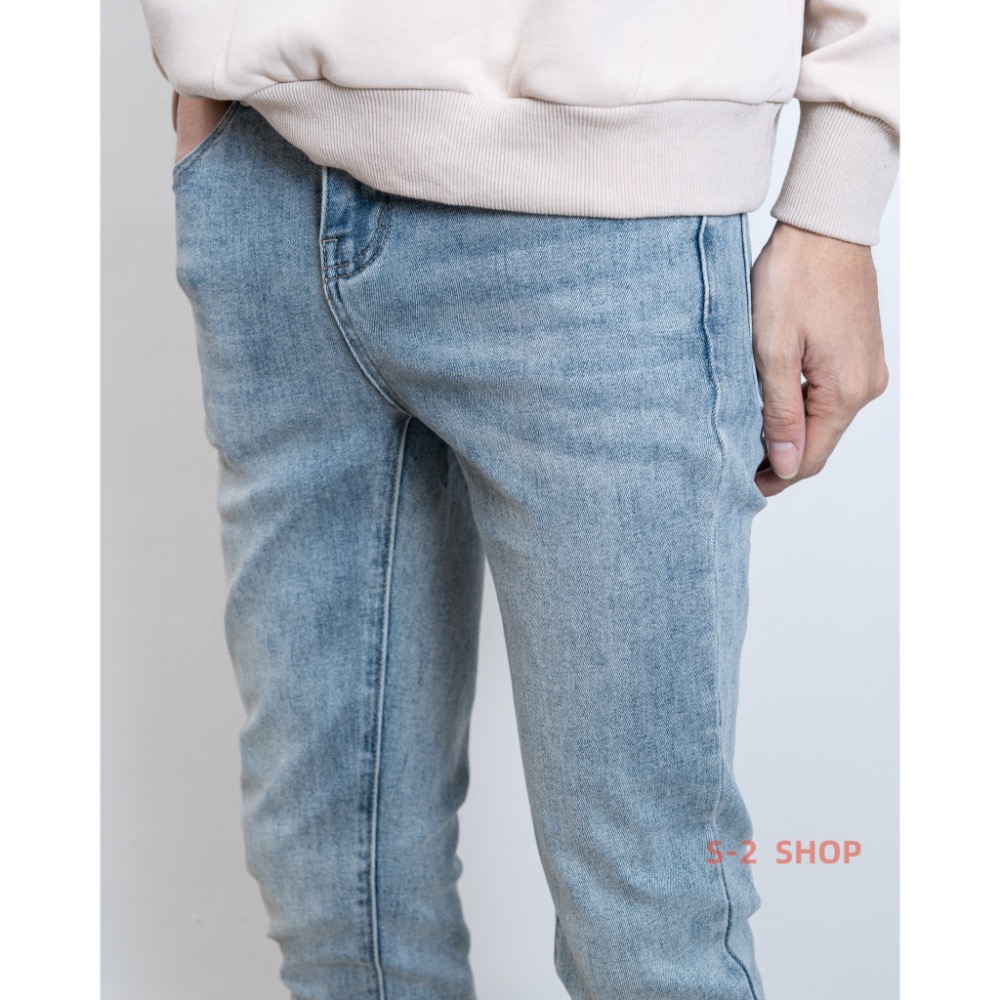 一定要有 必備淺藍刷白 素面基本款 牛仔彈力長褲-細節圖7