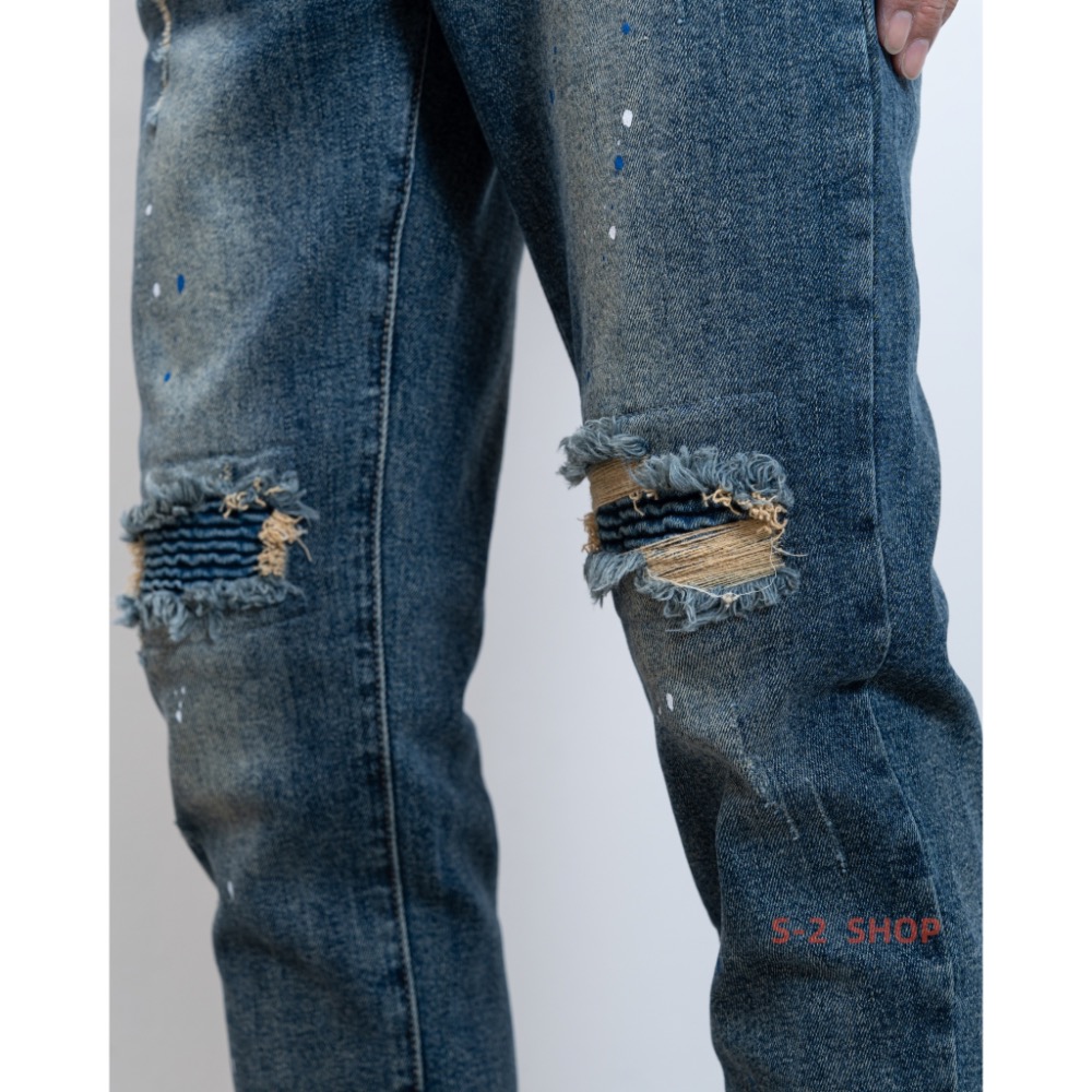 深藍色膝蓋波浪補丁 有車縫 窄版牛仔長褲 彈力長褲-細節圖2