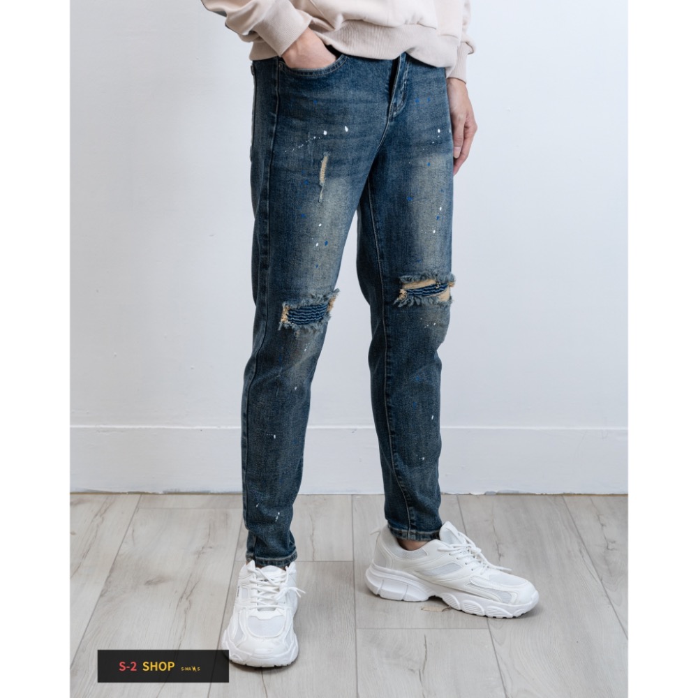 深藍色膝蓋波浪補丁 有車縫 窄版牛仔長褲 彈力長褲-細節圖3