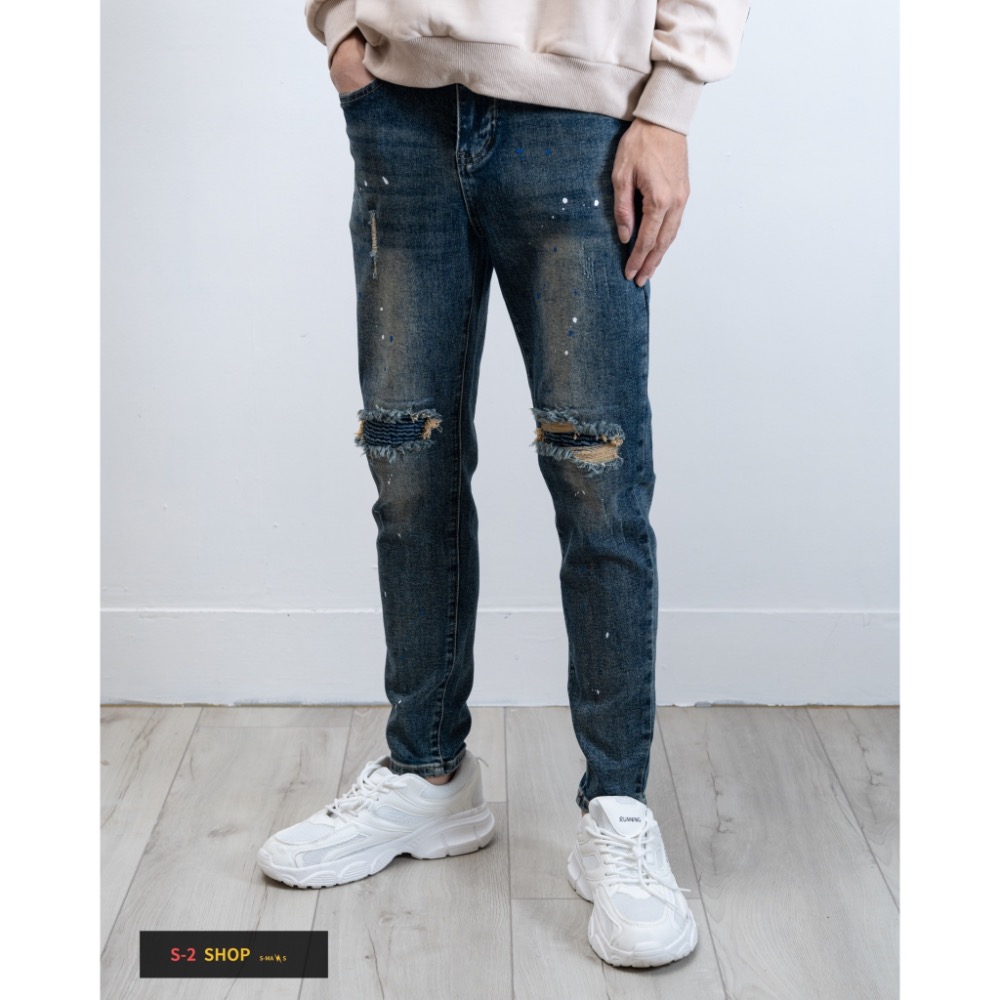 深藍色膝蓋波浪補丁 有車縫 窄版牛仔長褲 彈力長褲-細節圖4