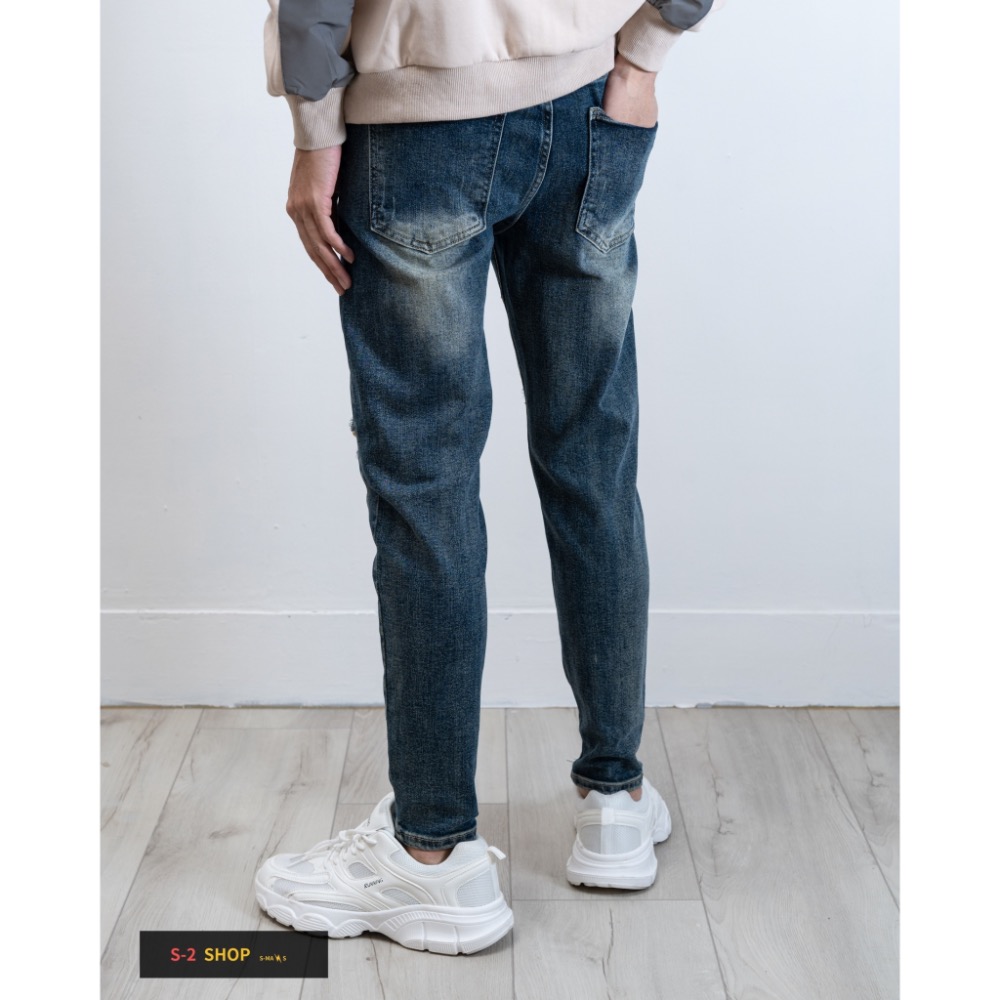 深藍色膝蓋波浪補丁 有車縫 窄版牛仔長褲 彈力長褲-細節圖5