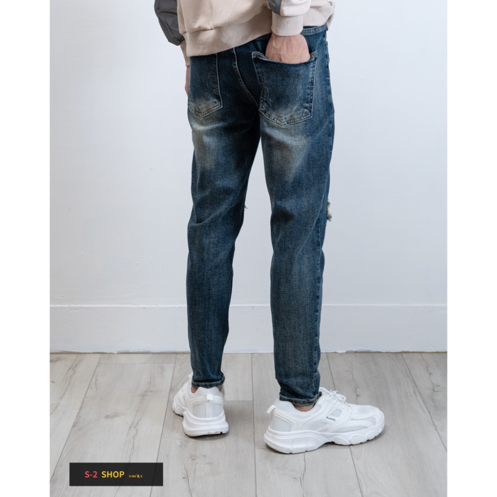 深藍色膝蓋波浪補丁 有車縫 窄版牛仔長褲 彈力長褲-細節圖6