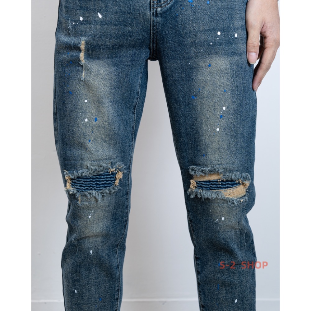 深藍色膝蓋波浪補丁 有車縫 窄版牛仔長褲 彈力長褲-細節圖7