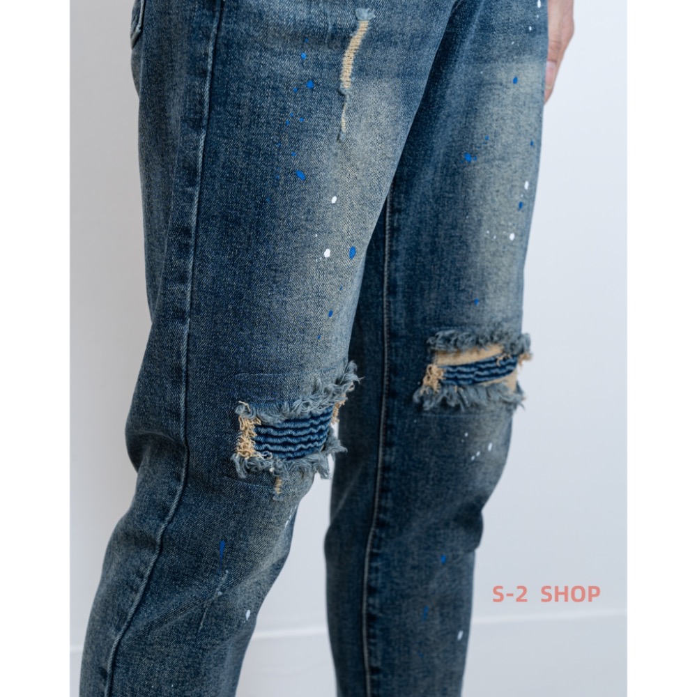 深藍色膝蓋波浪補丁 有車縫 窄版牛仔長褲 彈力長褲-細節圖8