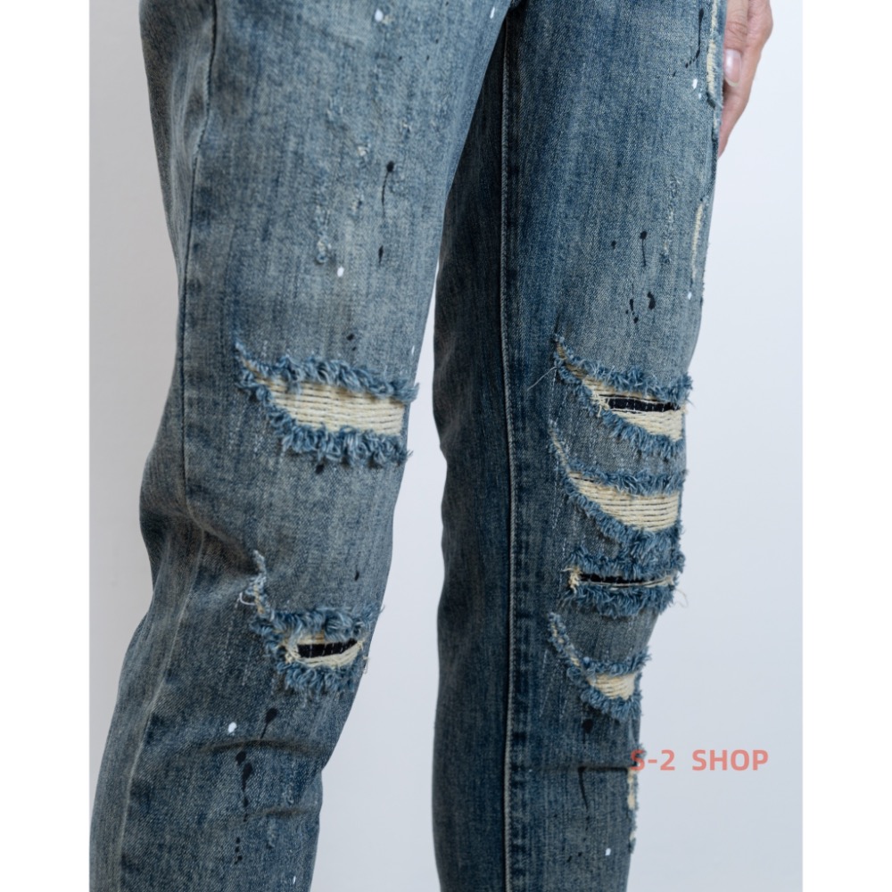 【S2店】潑漆 多重補丁超扎實 深藍色 超帥的  牛仔長褲-細節圖2