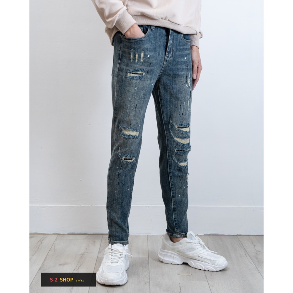 【S2店】潑漆 多重補丁超扎實 深藍色 超帥的  牛仔長褲-細節圖3