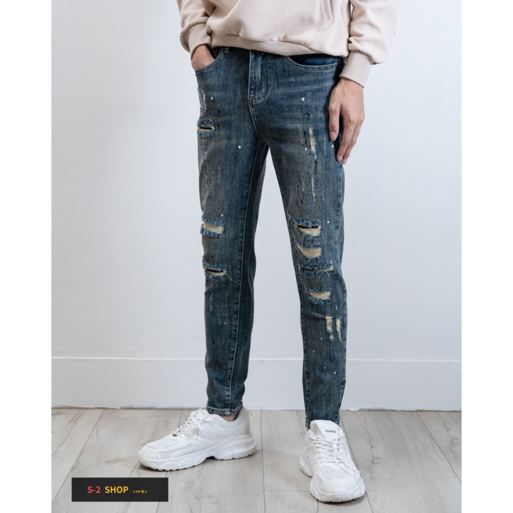 【S2店】潑漆 多重補丁超扎實 深藍色 超帥的  牛仔長褲-細節圖4
