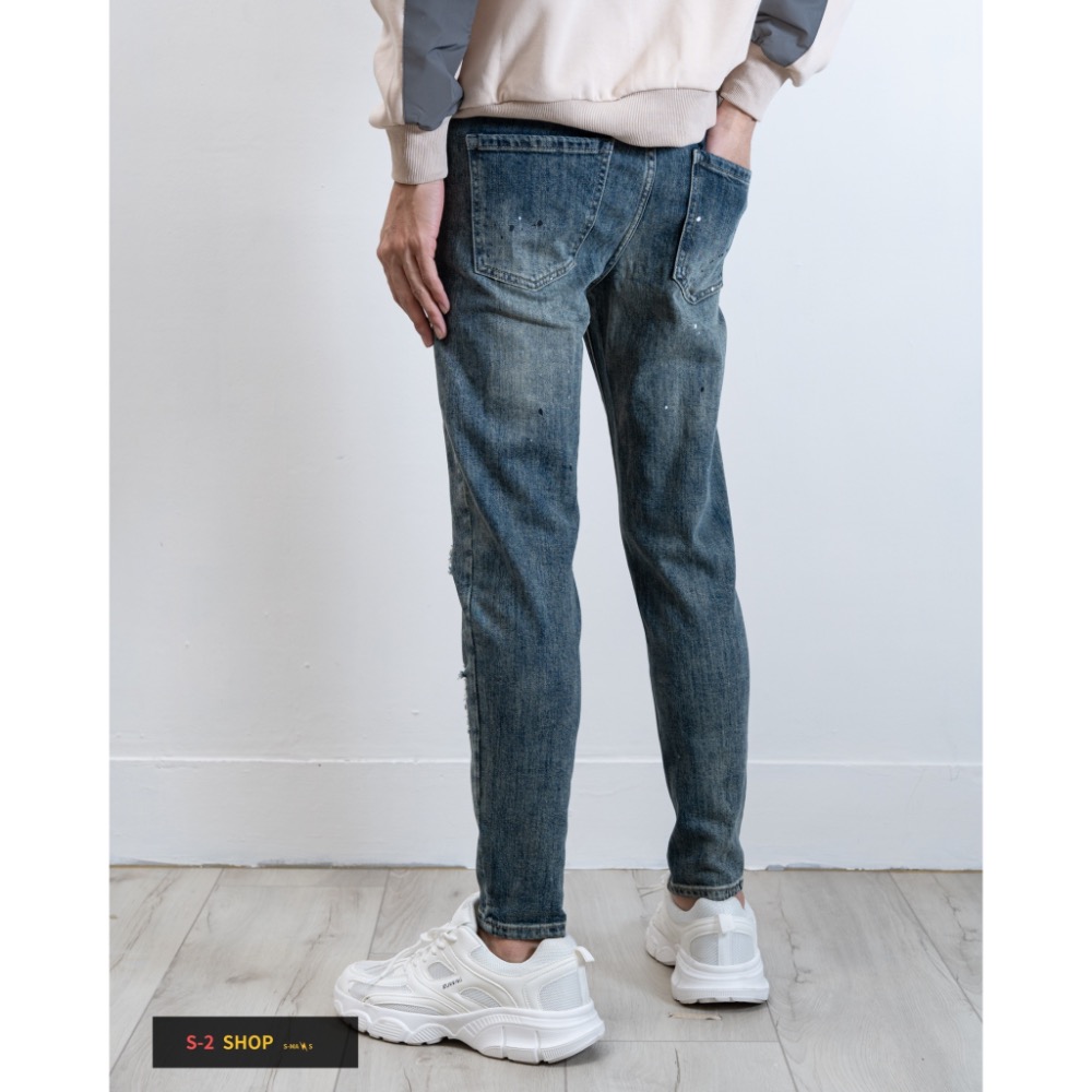 【S2店】潑漆 多重補丁超扎實 深藍色 超帥的  牛仔長褲-細節圖5