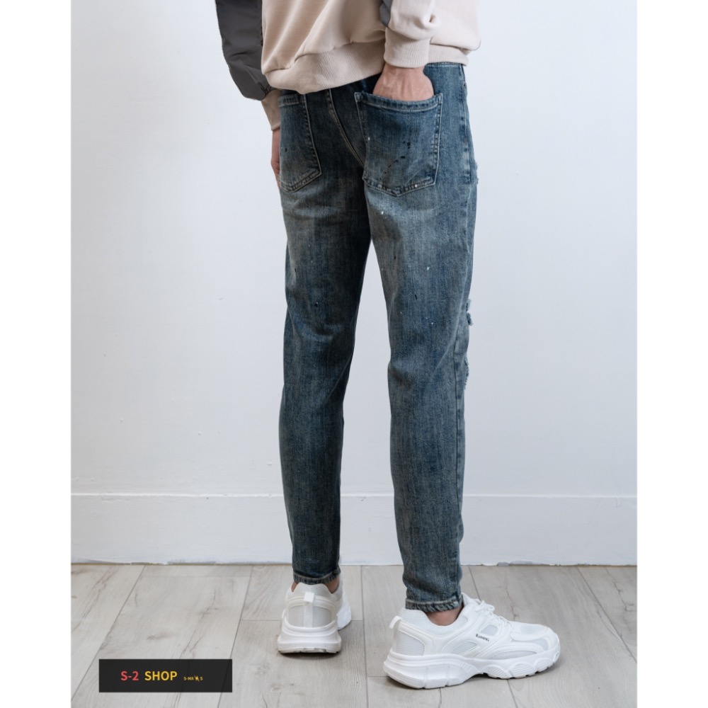 【S2店】潑漆 多重補丁超扎實 深藍色 超帥的  牛仔長褲-細節圖6