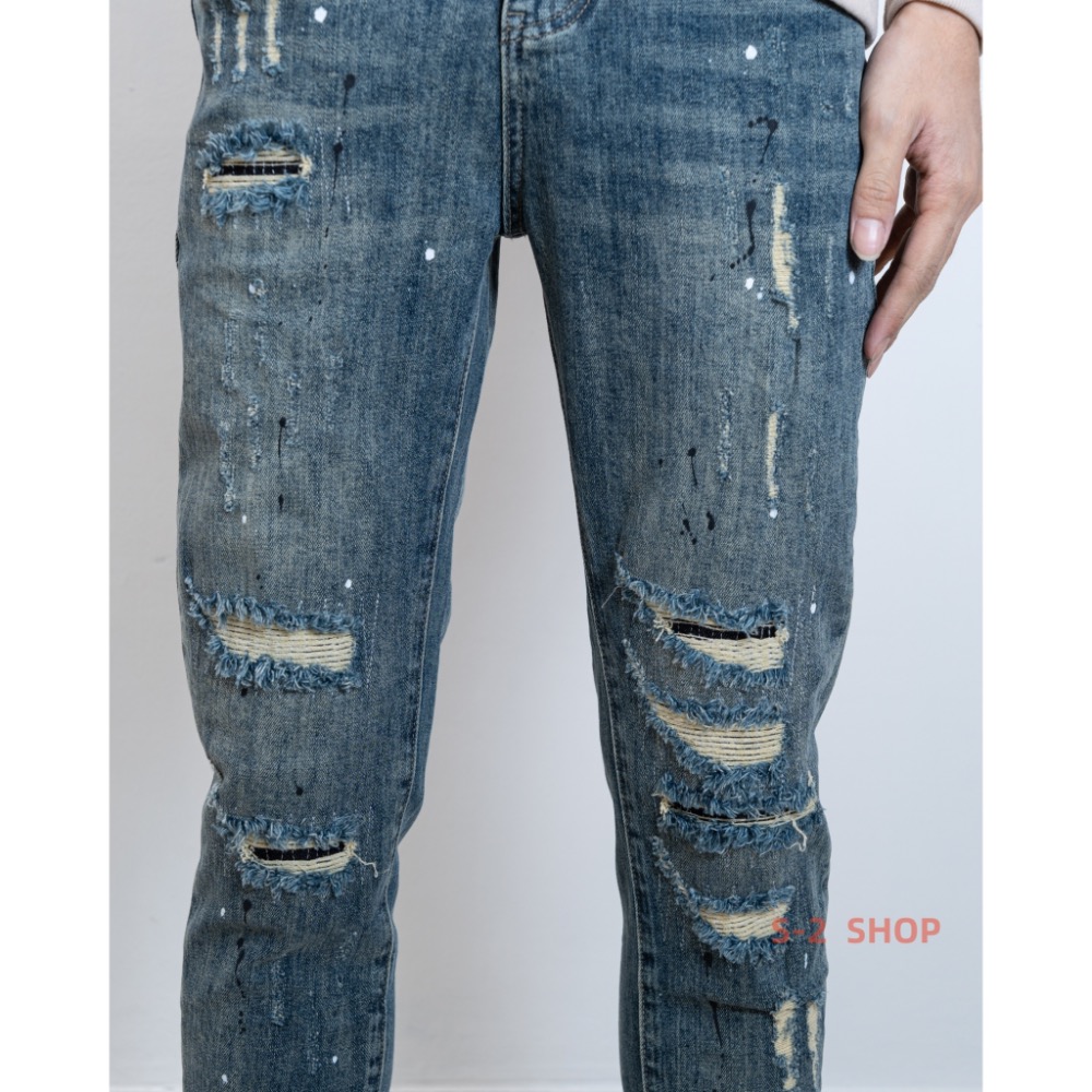 【S2店】潑漆 多重補丁超扎實 深藍色 超帥的  牛仔長褲-細節圖7