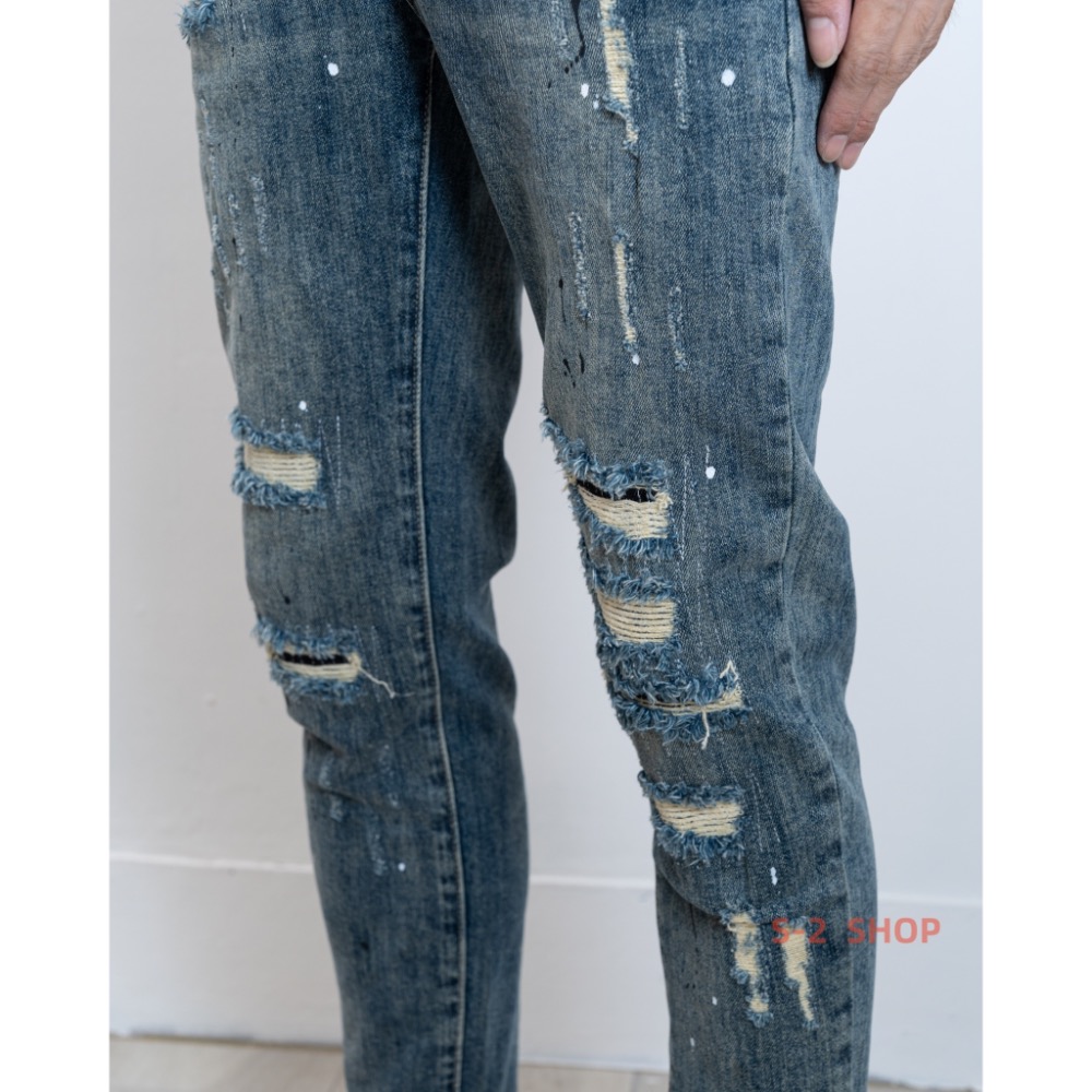 【S2店】潑漆 多重補丁超扎實 深藍色 超帥的  牛仔長褲-細節圖8