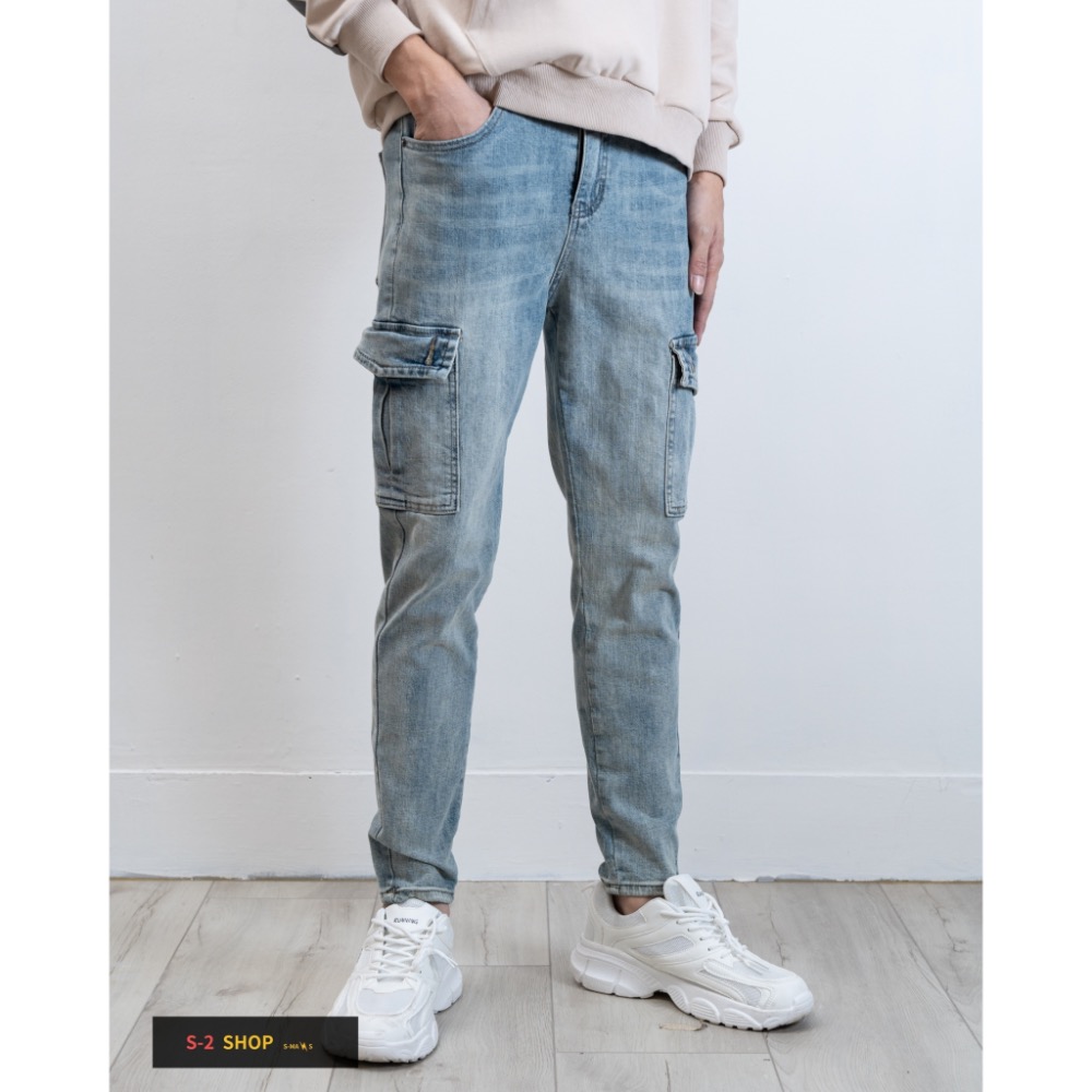 【S2店】 很好穿 藍色 真口袋 工裝窄版牛仔長褲 彈力長褲-細節圖3