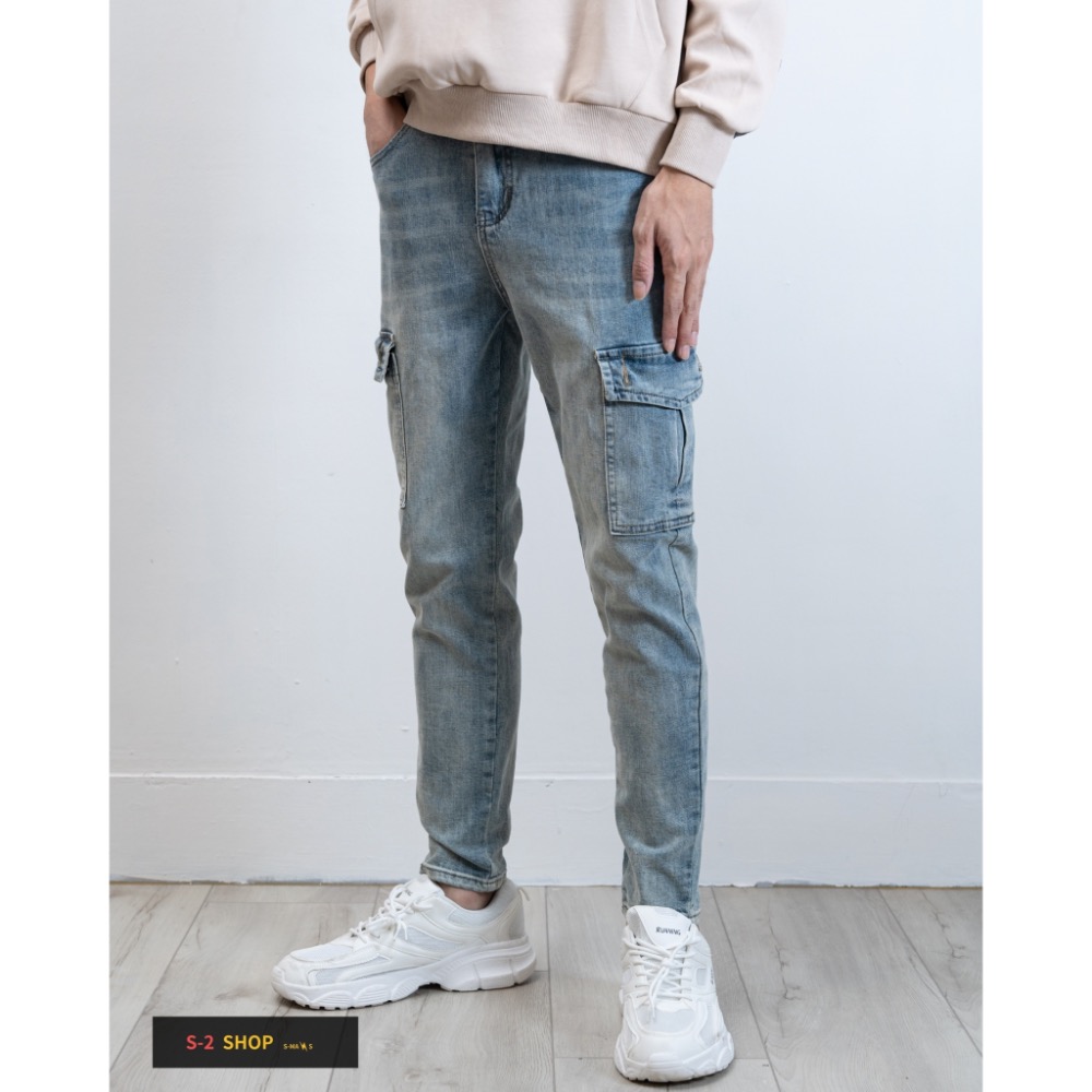 【S2店】 很好穿 藍色 真口袋 工裝窄版牛仔長褲 彈力長褲-細節圖4