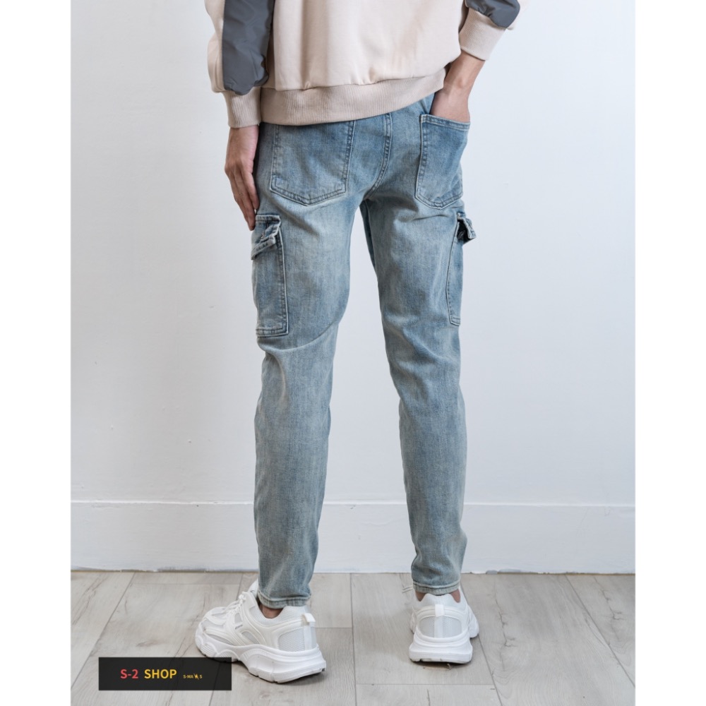 【S2店】 很好穿 藍色 真口袋 工裝窄版牛仔長褲 彈力長褲-細節圖5
