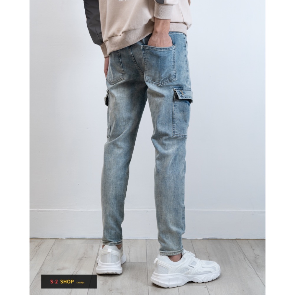 【S2店】 很好穿 藍色 真口袋 工裝窄版牛仔長褲 彈力長褲-細節圖6