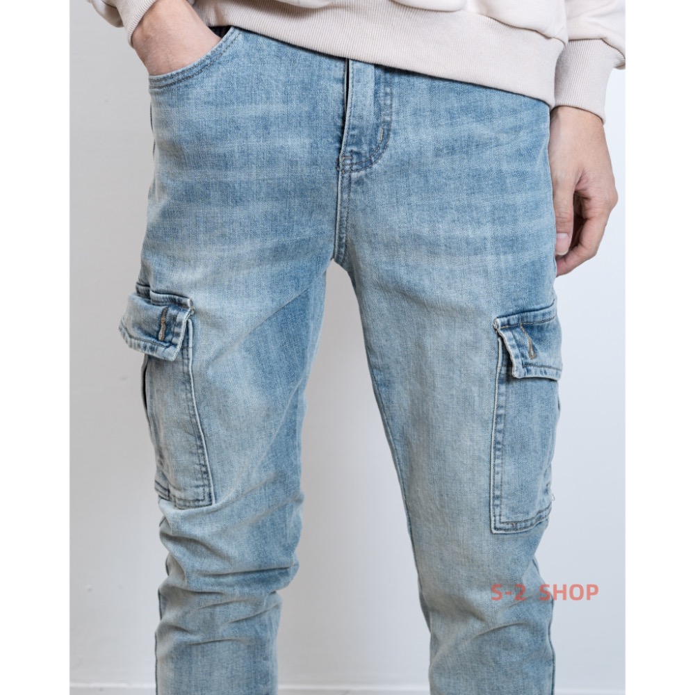 【S2店】 很好穿 藍色 真口袋 工裝窄版牛仔長褲 彈力長褲-細節圖7