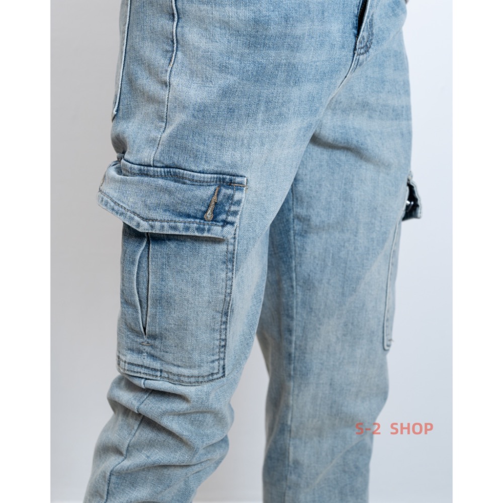 【S2店】 很好穿 藍色 真口袋 工裝窄版牛仔長褲 彈力長褲-細節圖8