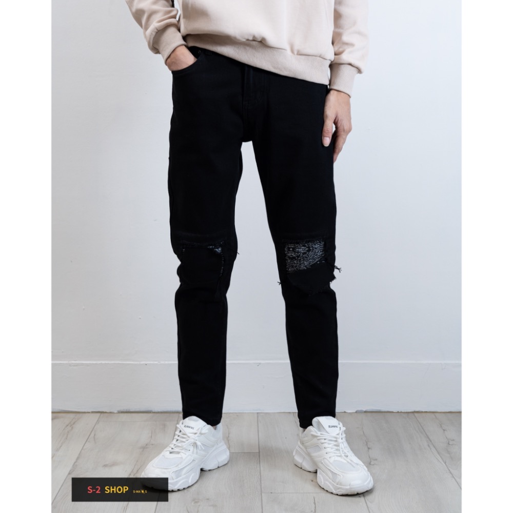 硬挺兩邊膝蓋變形蟲補丁 純黑褲 彈力牛仔長褲-細節圖2