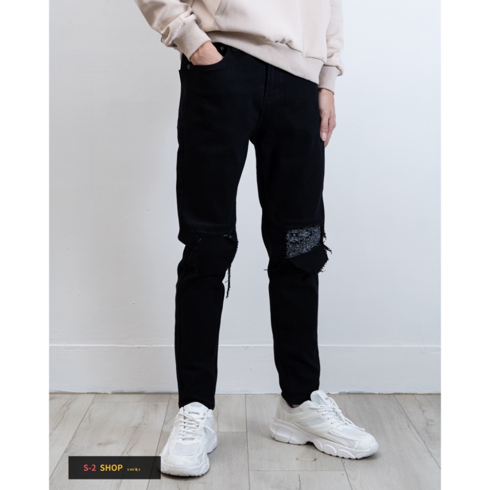 硬挺兩邊膝蓋變形蟲補丁 純黑褲 彈力牛仔長褲-細節圖3