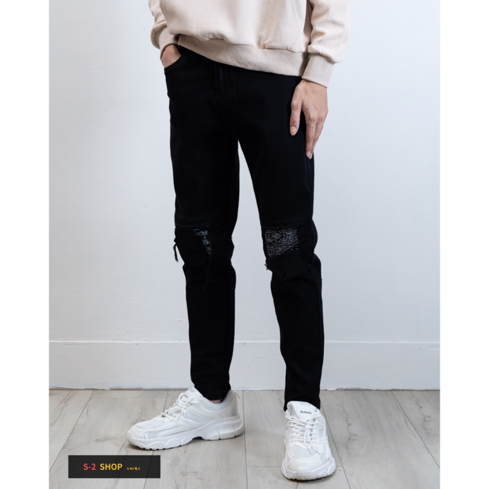 硬挺兩邊膝蓋變形蟲補丁 純黑褲 彈力牛仔長褲-細節圖4