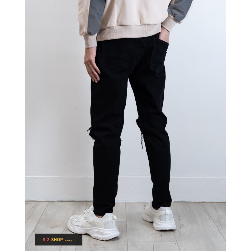 硬挺兩邊膝蓋變形蟲補丁 純黑褲 彈力牛仔長褲-細節圖5