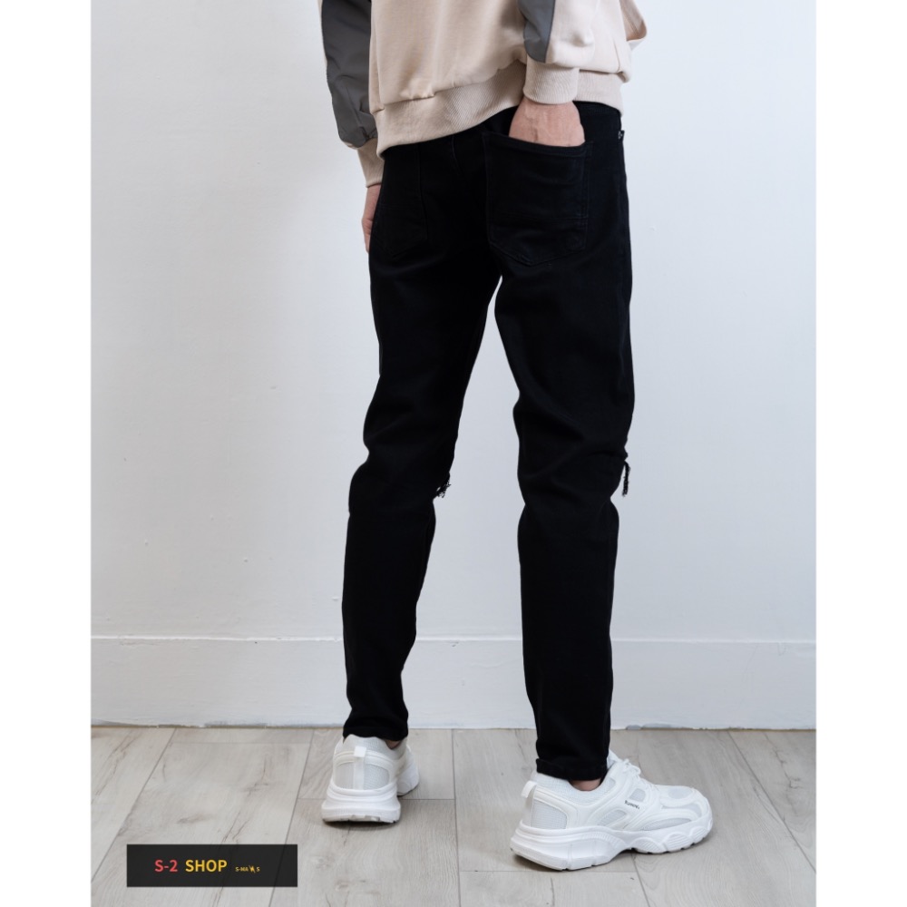 硬挺兩邊膝蓋變形蟲補丁 純黑褲 彈力牛仔長褲-細節圖6